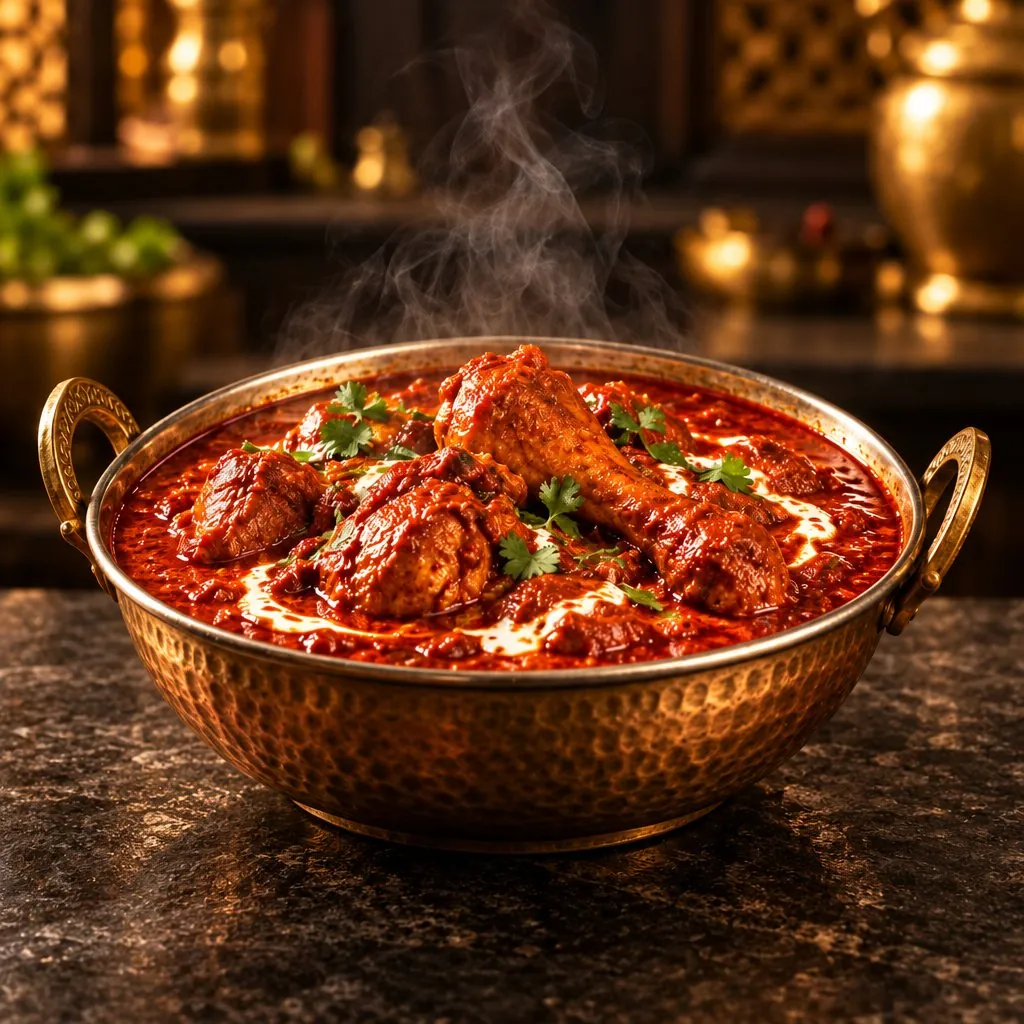Home-style chicken curry in a brass kadhai, made with Raviraj Lal Mirch