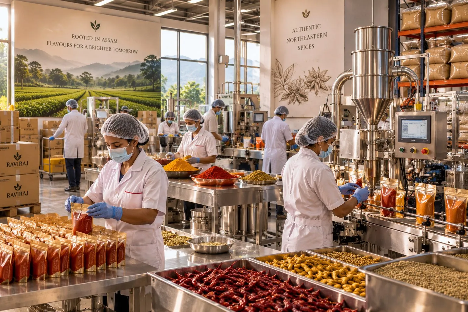 Workers in hairnets and gloves processing chilli, turmeric and coriander in a Raviraj spice unit