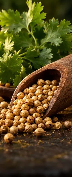 Coriander seed spilling from a wooden scoop beside fresh coriander leaves