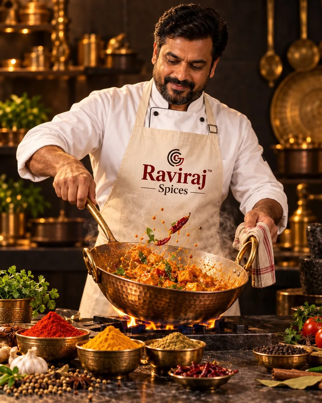 A cook stirring curry in a brass kadhai, in a warm kitchen lined with brass vessels