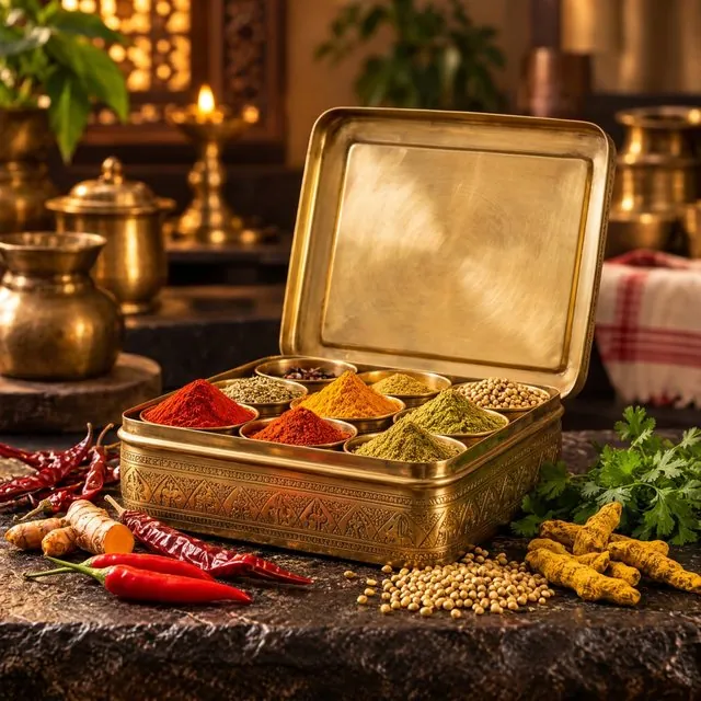 A brass masala box of ground spices beside dried chillies, turmeric root and coriander seed